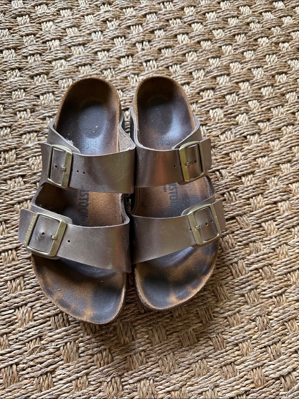 Birkenstock Metallic Bronze Arizona Brown Two-Strap Sandals